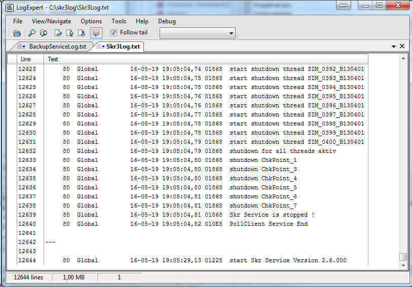 Log file display in the LogExpert program