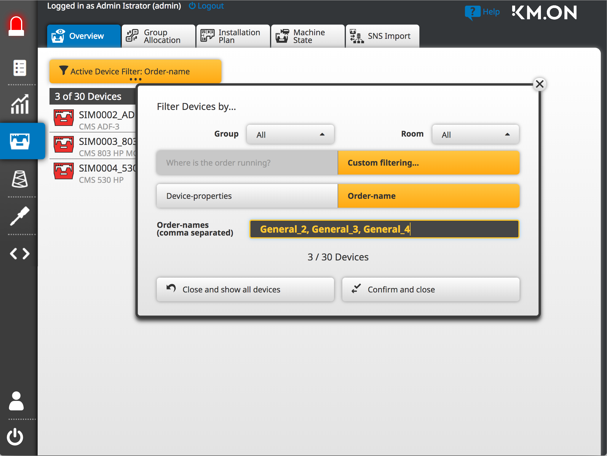 Filtro de dispositivos, entrada de nombres de pedidos