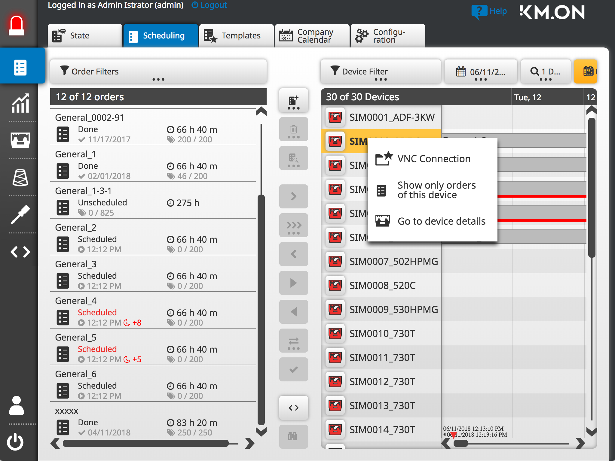 Context menu of a machine in the device list